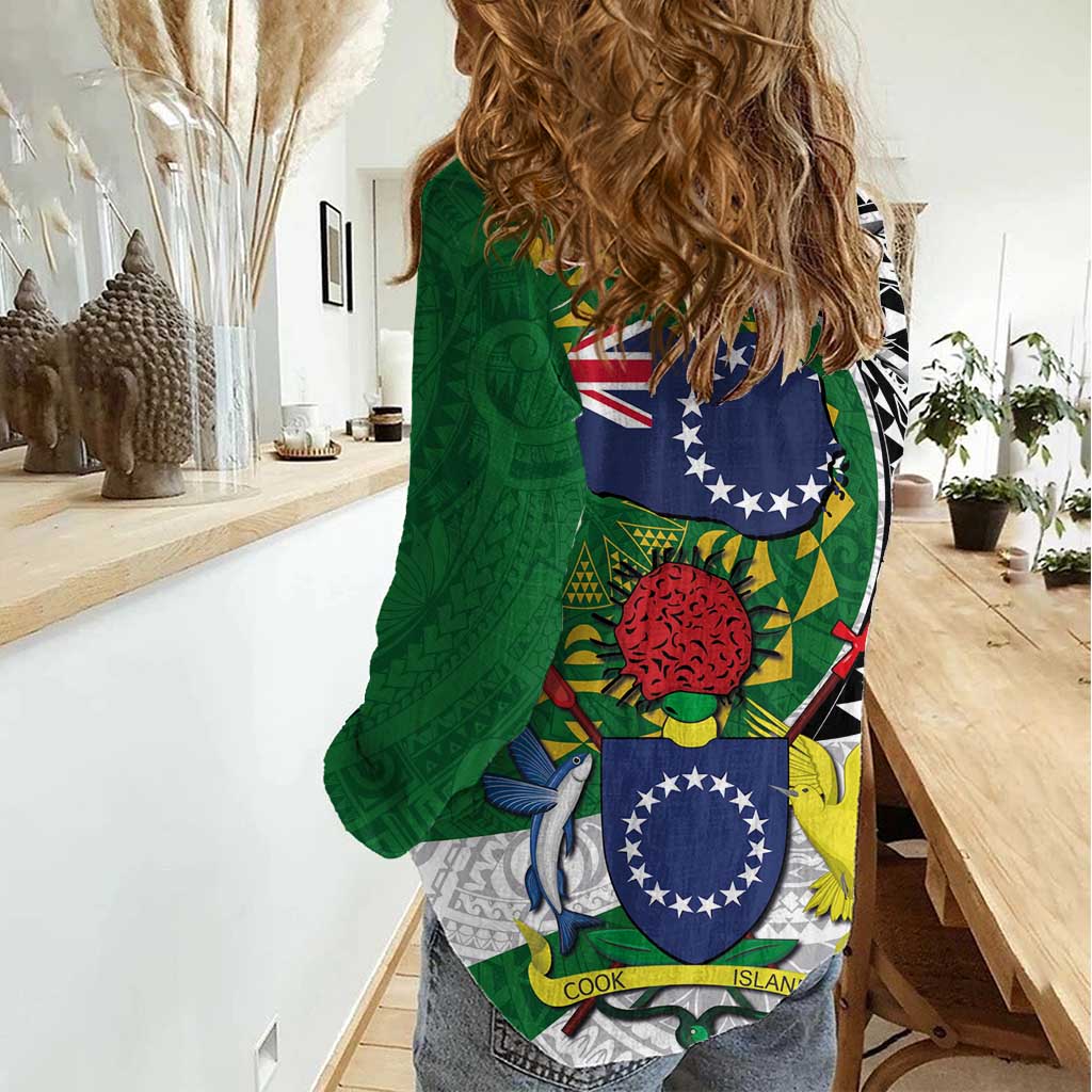 Cook Islands Independence Day Women Casual Shirt National Flag and Emblem with Tatau Tattoo