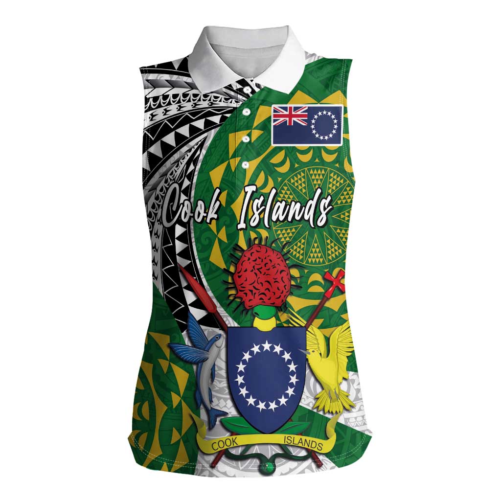 Cook Islands Independence Day Women Sleeveless Polo Shirt National Flag and Emblem with Tatau Tattoo