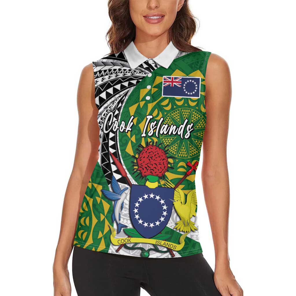 Cook Islands Independence Day Women Sleeveless Polo Shirt National Flag and Emblem with Tatau Tattoo
