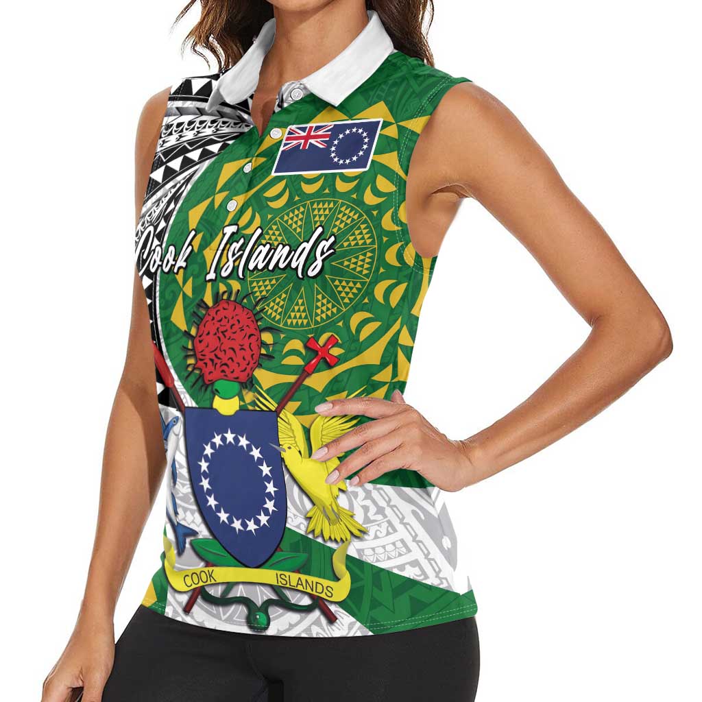 Cook Islands Independence Day Women Sleeveless Polo Shirt National Flag and Emblem with Tatau Tattoo