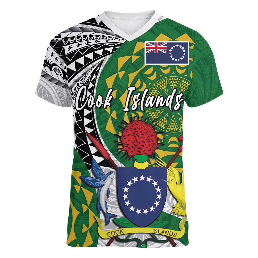 Cook Islands Independence Day Women V-Neck T-Shirt National Flag and Emblem with Tatau Tattoo