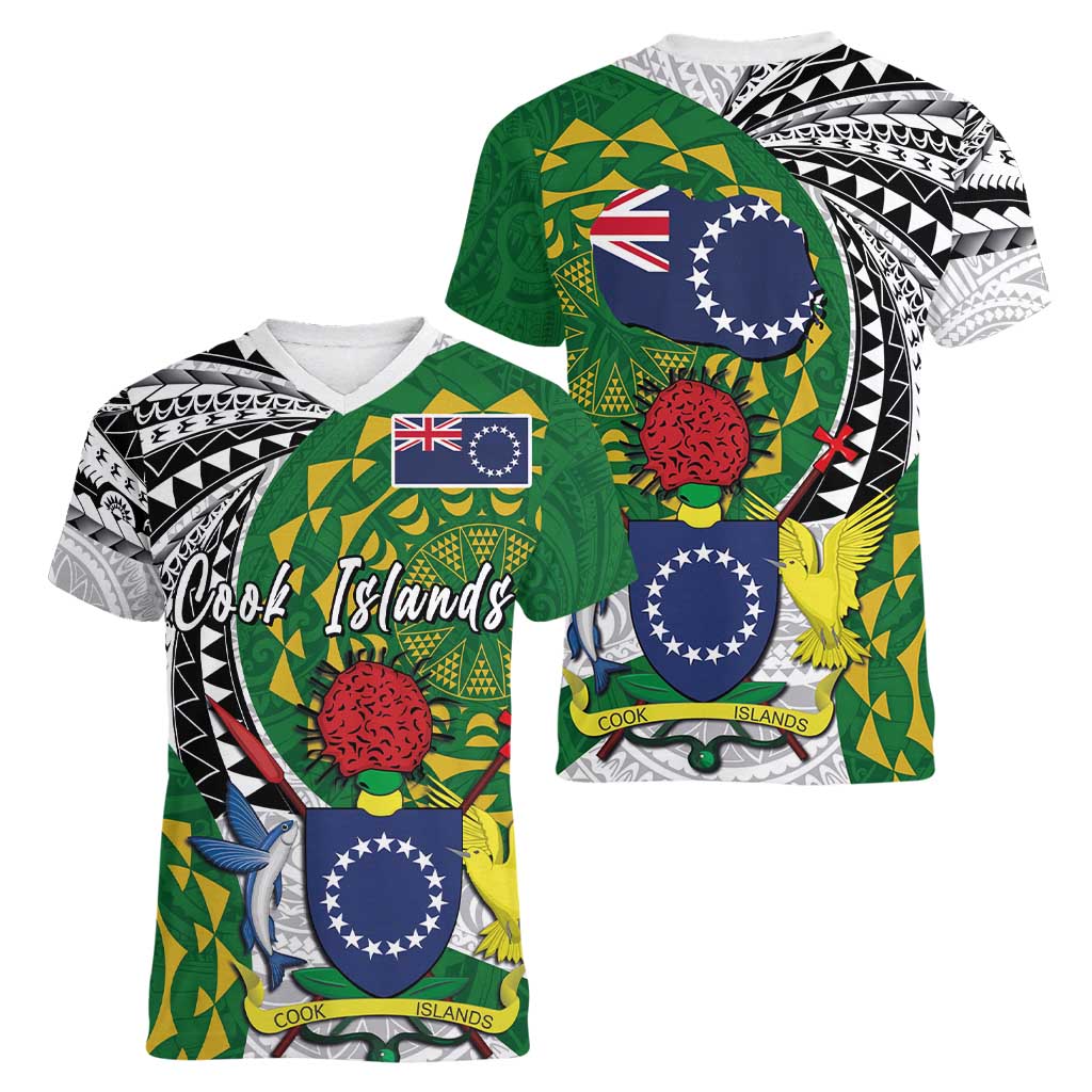 Cook Islands Independence Day Women V-Neck T-Shirt National Flag and Emblem with Tatau Tattoo