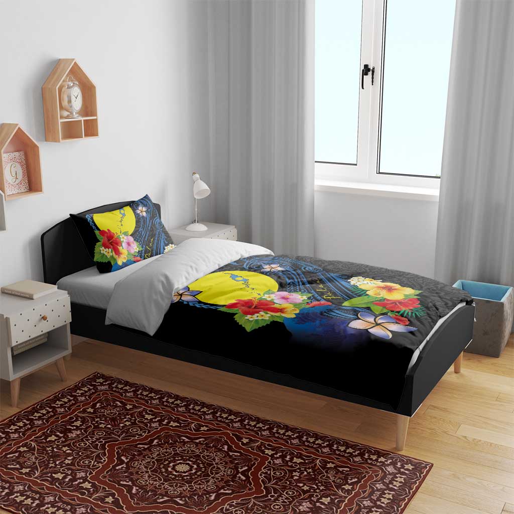 Palau Independence Day Bedding Set Melanesian Tattoo with Hibiscus