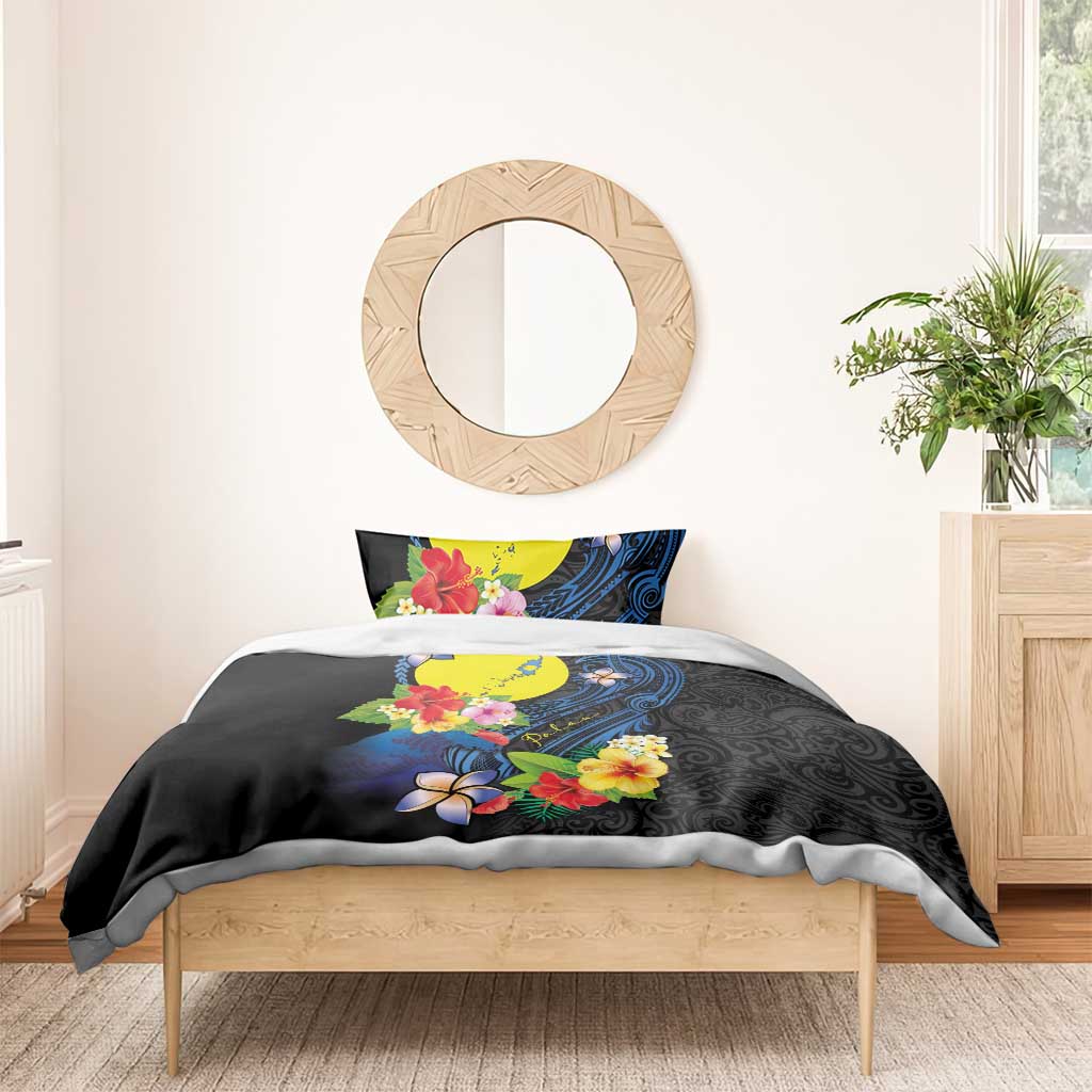 Palau Independence Day Bedding Set Melanesian Tattoo with Hibiscus