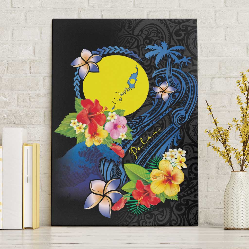 Palau Independence Day Canvas Wall Art Melanesian Tattoo with Hibiscus LT03 Without Frame - Polynesian Pride