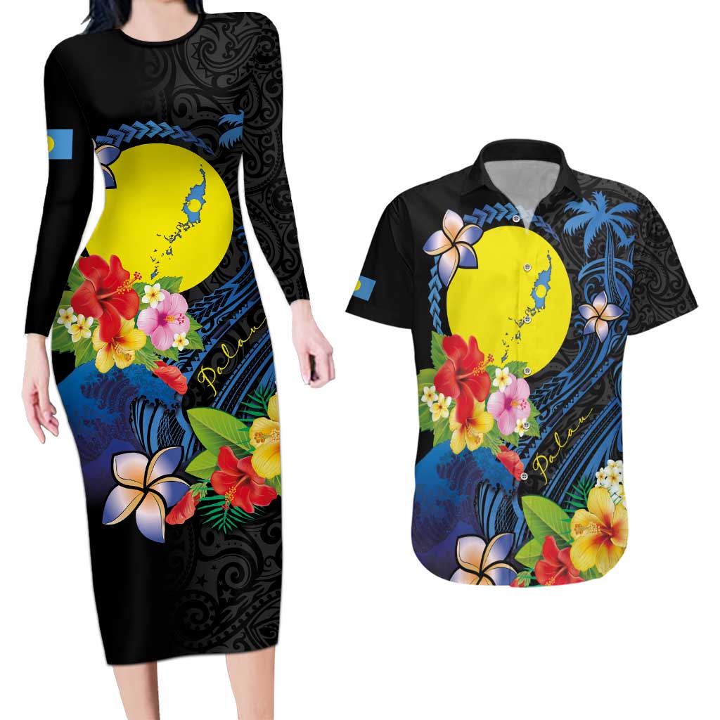 Palau Independence Day Couples Matching Long Sleeve Bodycon Dress and Hawaiian Shirt Melanesian Tattoo with Hibiscus LT03 No Dress - Polynesian Pride