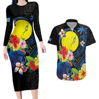 Palau Independence Day Couples Matching Long Sleeve Bodycon Dress and Hawaiian Shirt Melanesian Tattoo with Hibiscus LT03 No Dress - Polynesian Pride