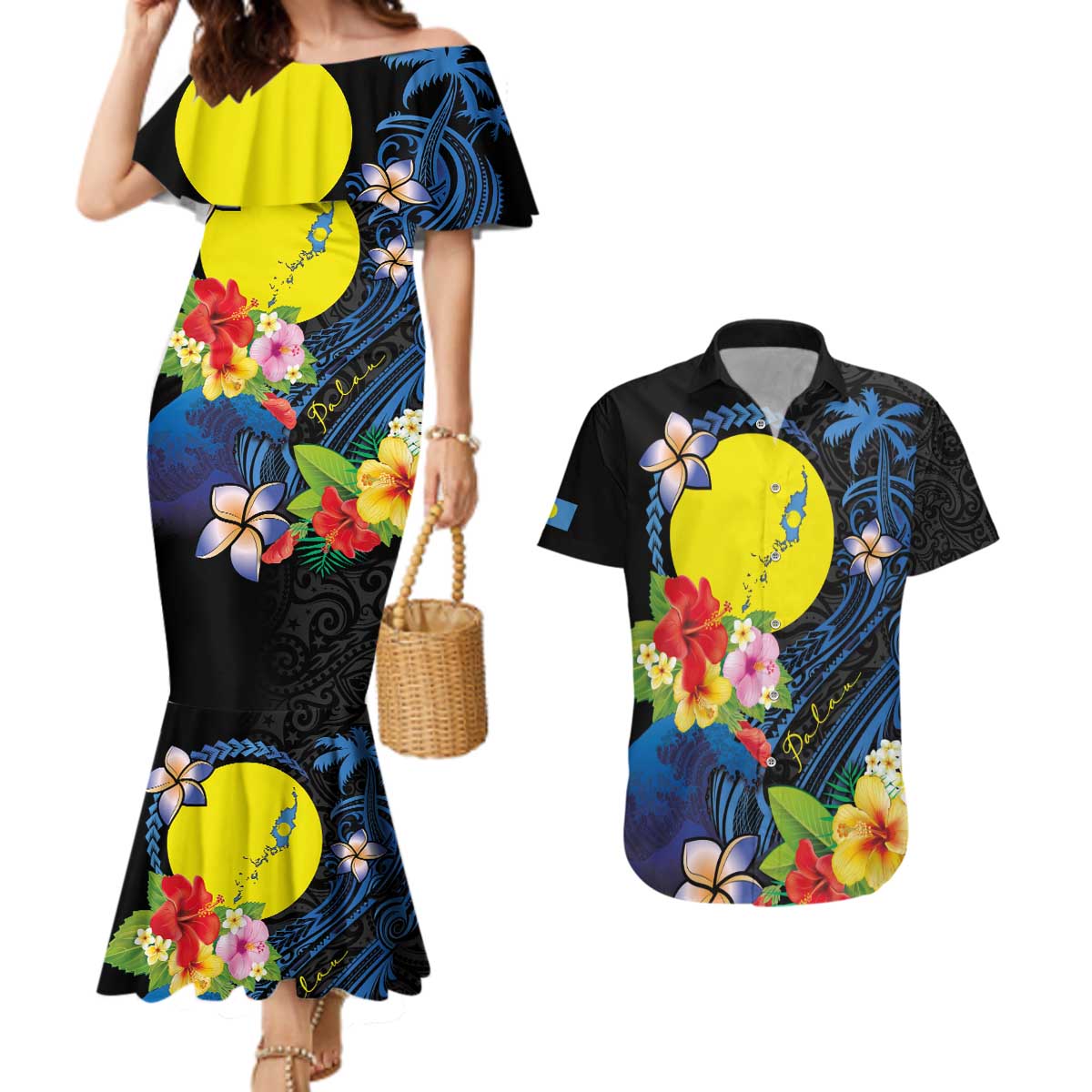 Palau Independence Day Couples Matching Mermaid Dress and Hawaiian Shirt Melanesian Tattoo with Hibiscus LT03 No Dress - Polynesian Pride