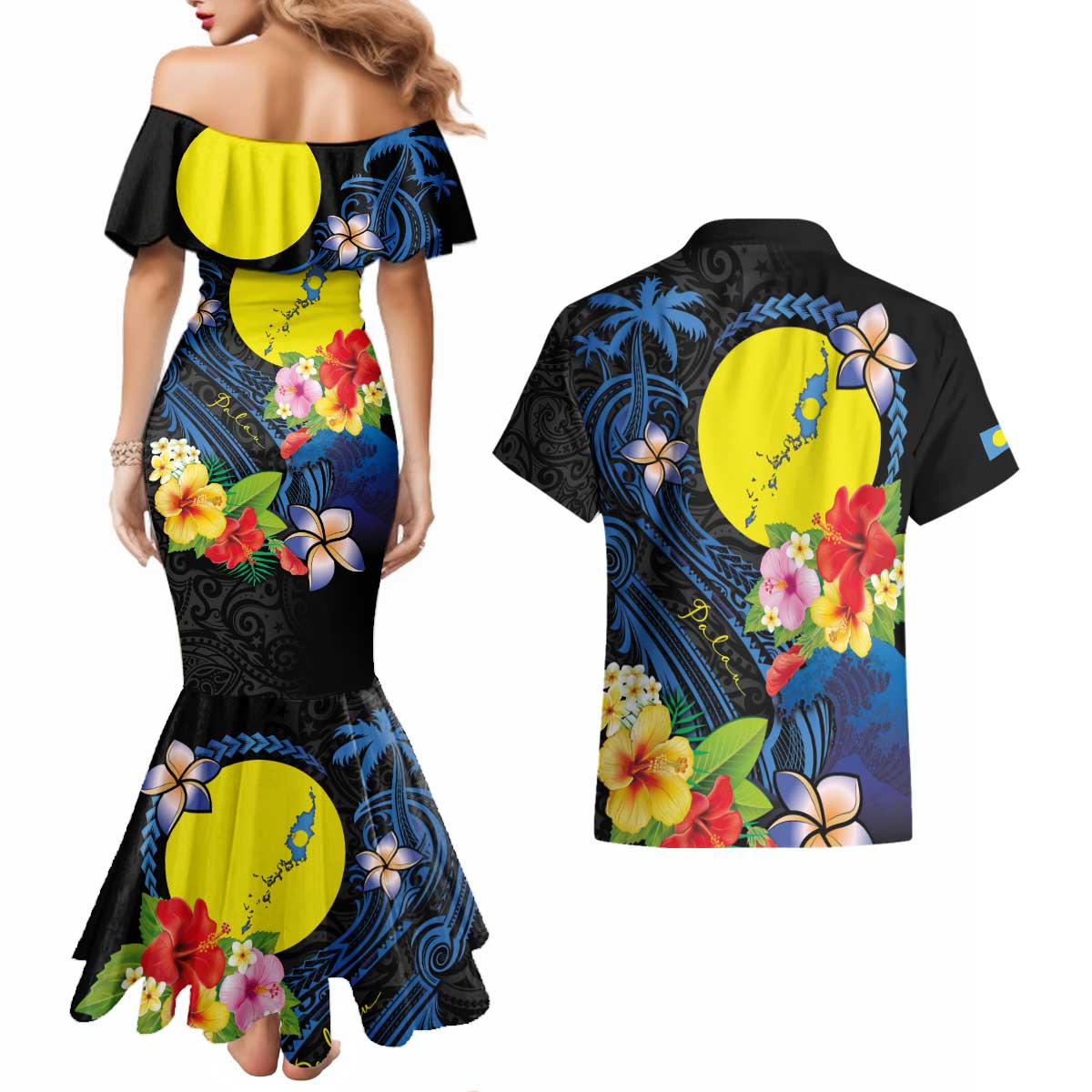 Palau Independence Day Couples Matching Mermaid Dress and Hawaiian Shirt Melanesian Tattoo with Hibiscus LT03 - Polynesian Pride