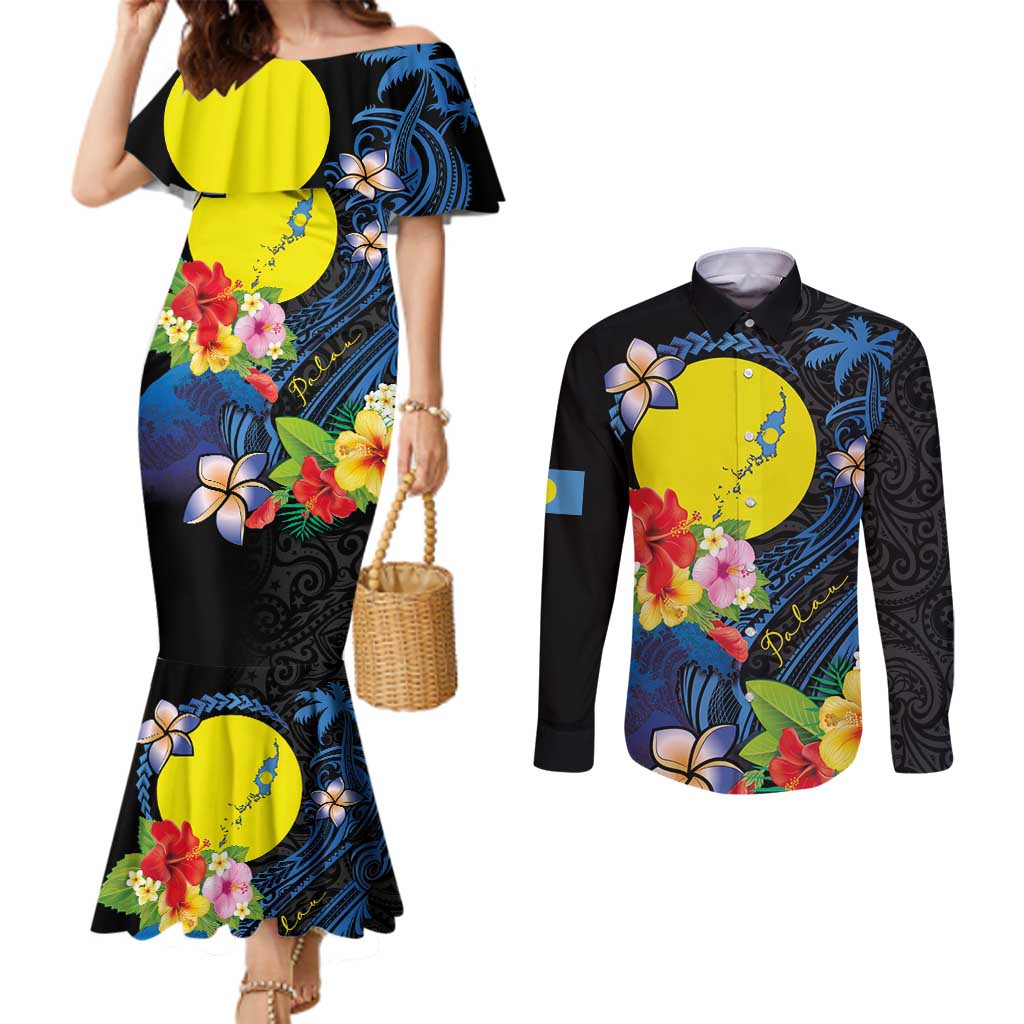Palau Independence Day Couples Matching Mermaid Dress and Long Sleeve Button Shirt Melanesian Tattoo with Hibiscus LT03 No Dress - Polynesian Pride