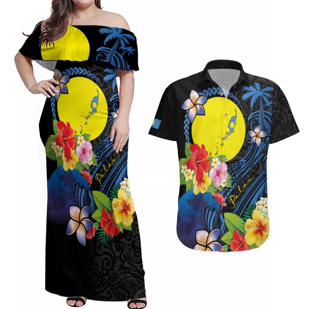 Palau Independence Day Couples Matching Off Shoulder Maxi Dress and Hawaiian Shirt Melanesian Tattoo with Hibiscus LT03 No Dress - Polynesian Pride