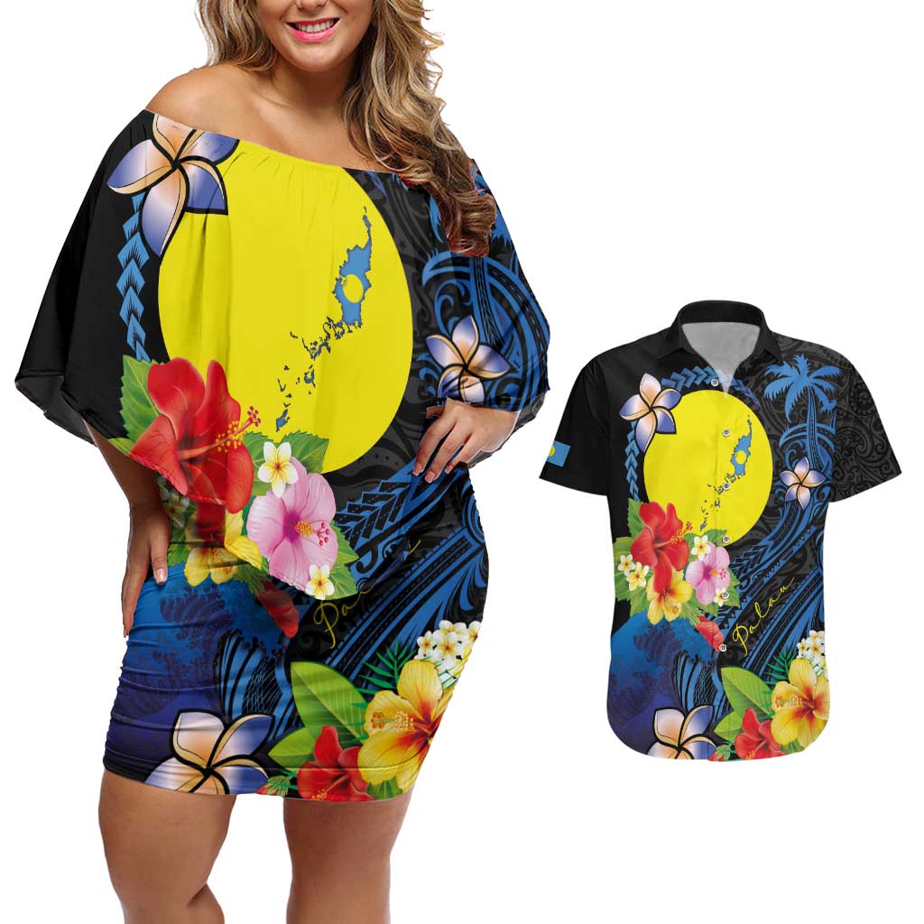 Palau Independence Day Couples Matching Off Shoulder Short Dress and Hawaiian Shirt Melanesian Tattoo with Hibiscus LT03 No Dress - Polynesian Pride