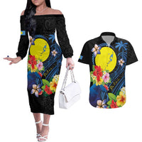 Palau Independence Day Couples Matching Off The Shoulder Long Sleeve Dress and Hawaiian Shirt Melanesian Tattoo with Hibiscus LT03 No Dress - Polynesian Pride