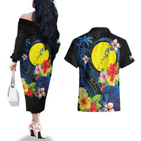 Palau Independence Day Couples Matching Off The Shoulder Long Sleeve Dress and Hawaiian Shirt Melanesian Tattoo with Hibiscus LT03 - Polynesian Pride