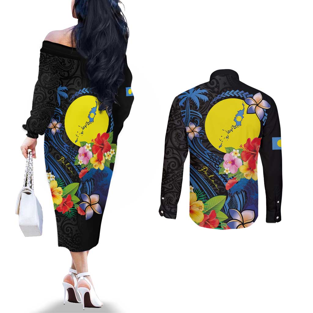 Palau Independence Day Couples Matching Off The Shoulder Long Sleeve Dress and Long Sleeve Button Shirt Melanesian Tattoo with Hibiscus