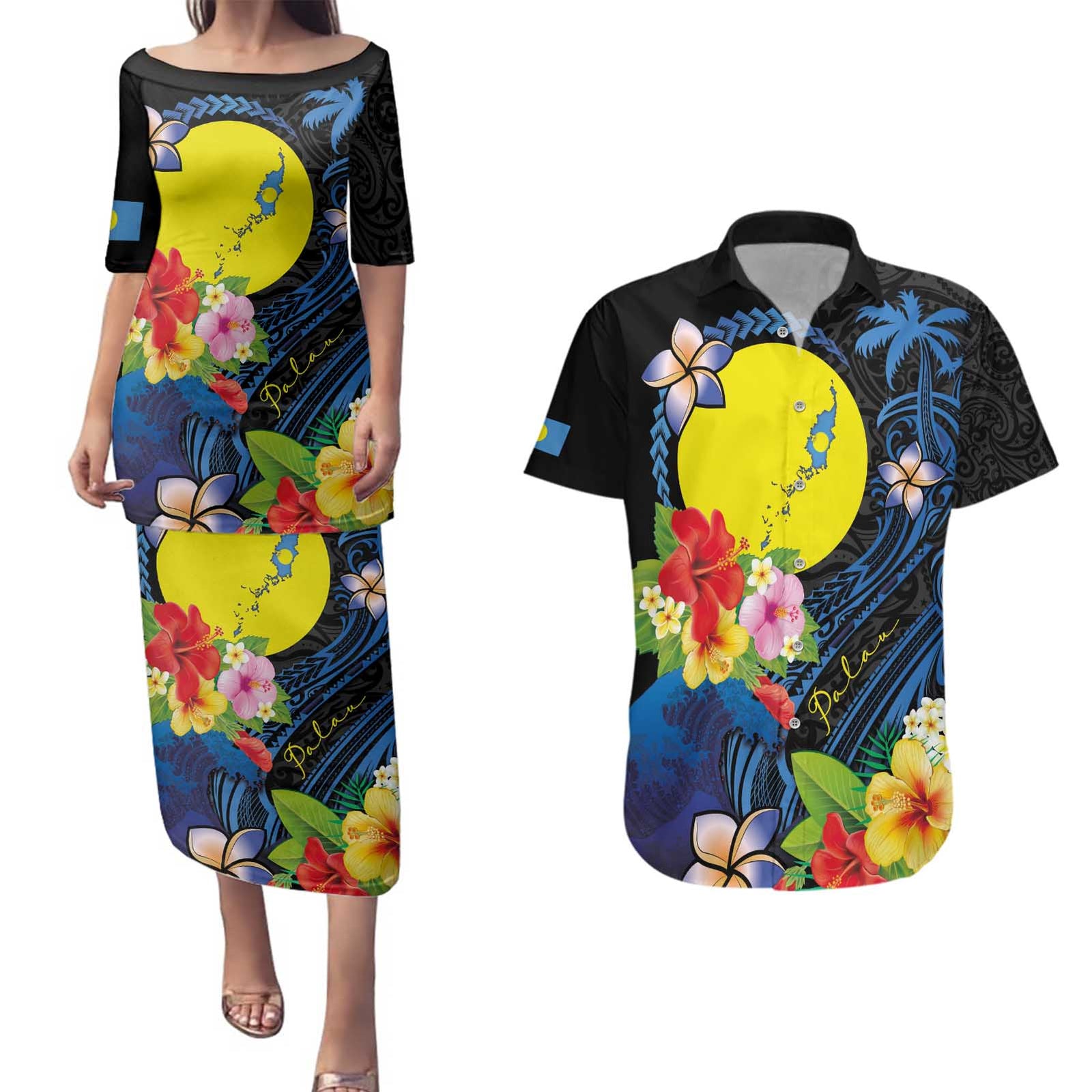 Palau Independence Day Couples Matching Puletasi and Hawaiian Shirt Melanesian Tattoo with Hibiscus LT03 No Dress - Polynesian Pride