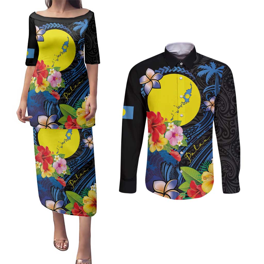 Palau Independence Day Couples Matching Puletasi and Long Sleeve Button Shirt Melanesian Tattoo with Hibiscus LT03 No Dress - Polynesian Pride