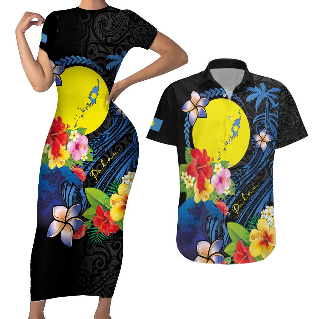 Palau Independence Day Couples Matching Short Sleeve Bodycon Dress and Hawaiian Shirt Melanesian Tattoo with Hibiscus LT03 No Dress - Polynesian Pride