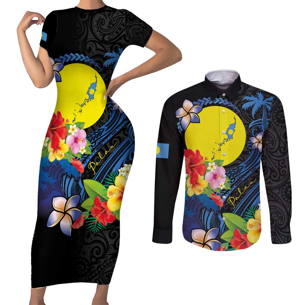 Palau Independence Day Couples Matching Short Sleeve Bodycon Dress and Long Sleeve Button Shirt Melanesian Tattoo with Hibiscus LT03 No Dress - Polynesian Pride