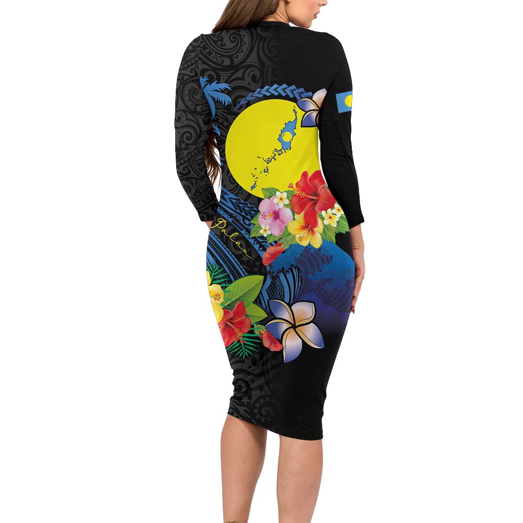 Palau Independence Day Family Matching Long Sleeve Bodycon Dress and Hawaiian Shirt Melanesian Tattoo with Hibiscus LT03 - Polynesian Pride