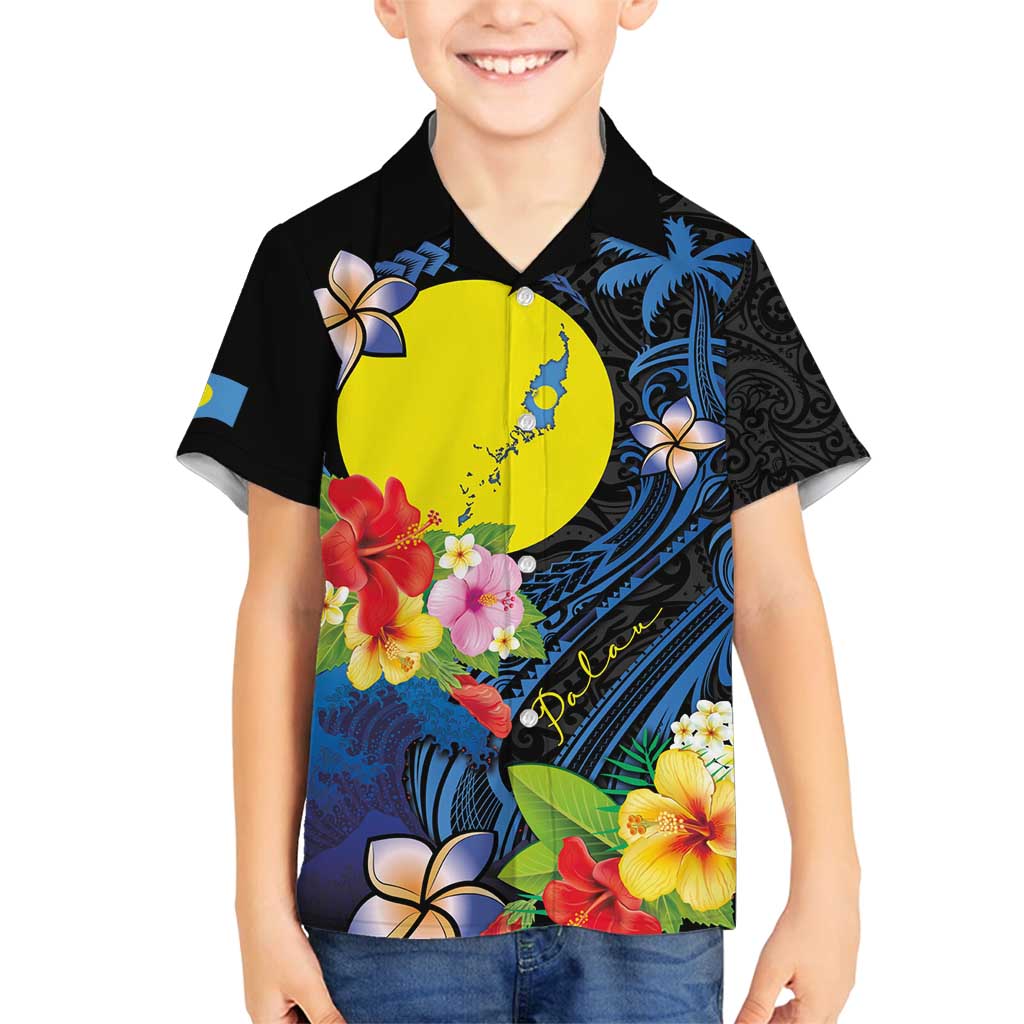 Palau Independence Day Family Matching Long Sleeve Bodycon Dress and Hawaiian Shirt Melanesian Tattoo with Hibiscus LT03 Son's Shirt - Polynesian Pride