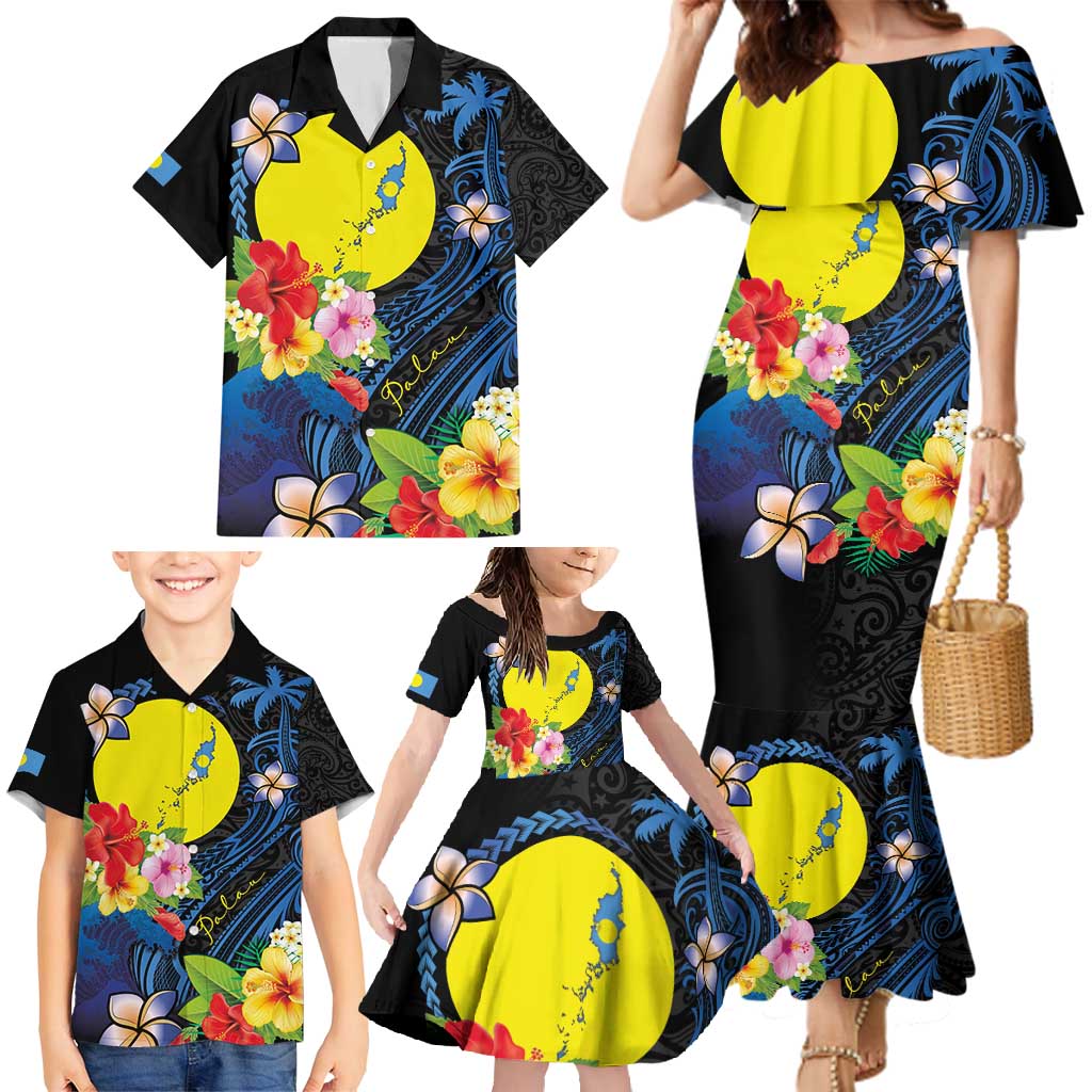 Palau Independence Day Family Matching Mermaid Dress and Hawaiian Shirt Melanesian Tattoo with Hibiscus LT03 - Polynesian Pride