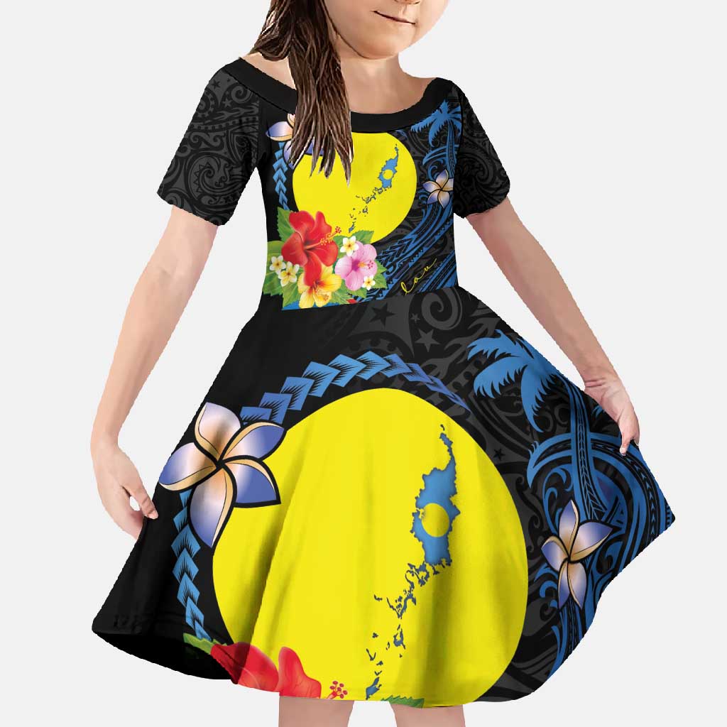 Palau Independence Day Family Matching Off Shoulder Maxi Dress and Hawaiian Shirt Melanesian Tattoo with Hibiscus LT03 Daughter's Dress - Polynesian Pride