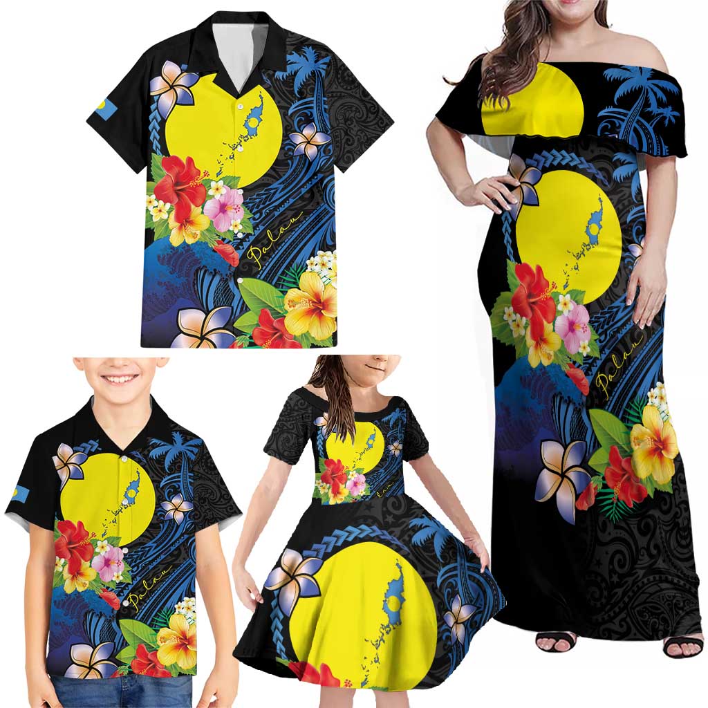 Palau Independence Day Family Matching Off Shoulder Maxi Dress and Hawaiian Shirt Melanesian Tattoo with Hibiscus LT03 - Polynesian Pride