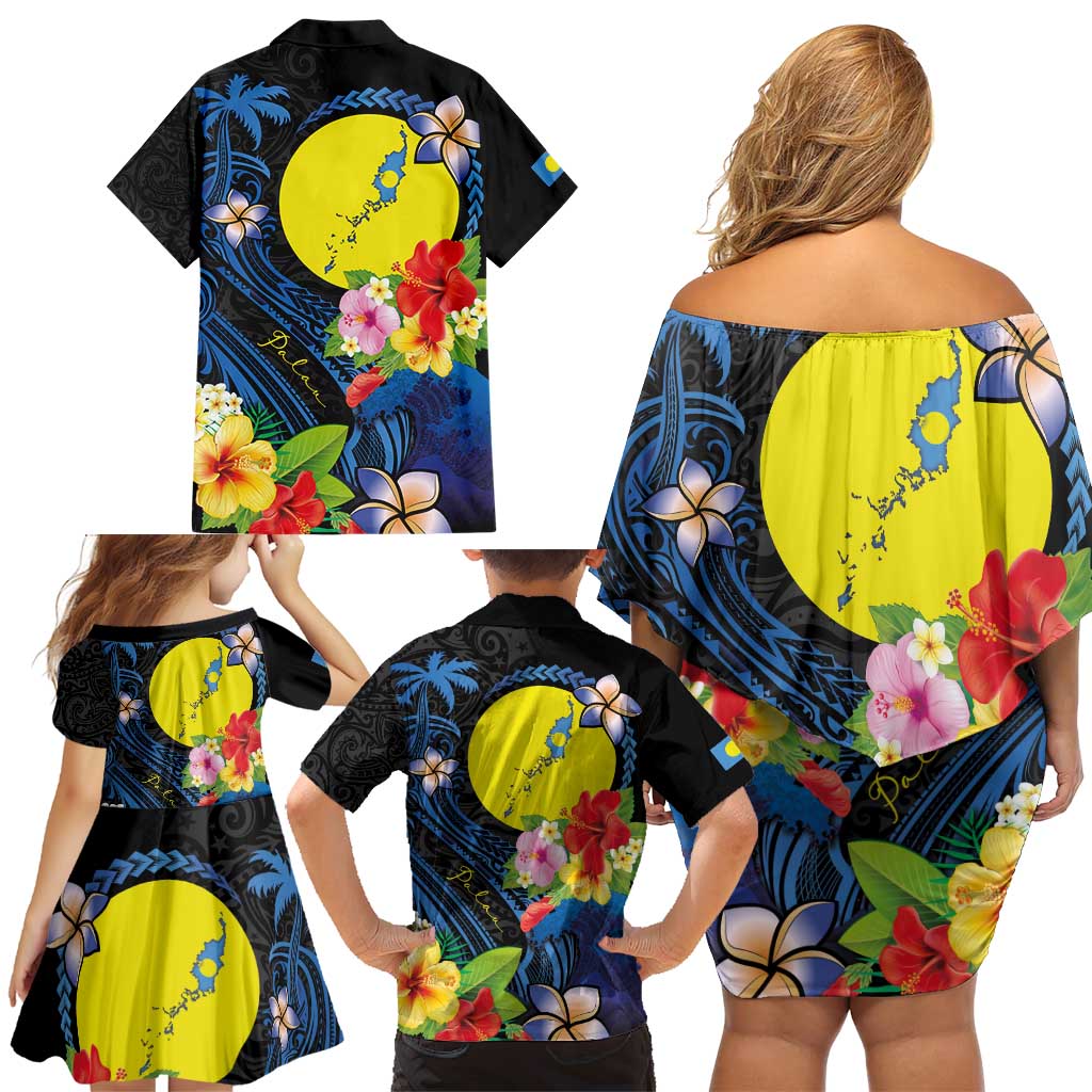 Palau Independence Day Family Matching Off Shoulder Short Dress and Hawaiian Shirt Melanesian Tattoo with Hibiscus LT03 - Polynesian Pride