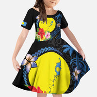 Palau Independence Day Family Matching Puletasi and Hawaiian Shirt Melanesian Tattoo with Hibiscus LT03 Daughter's Dress - Polynesian Pride
