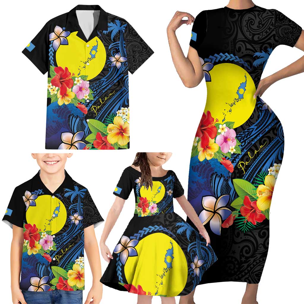 Palau Independence Day Family Matching Short Sleeve Bodycon Dress and Hawaiian Shirt Melanesian Tattoo with Hibiscus LT03 - Polynesian Pride