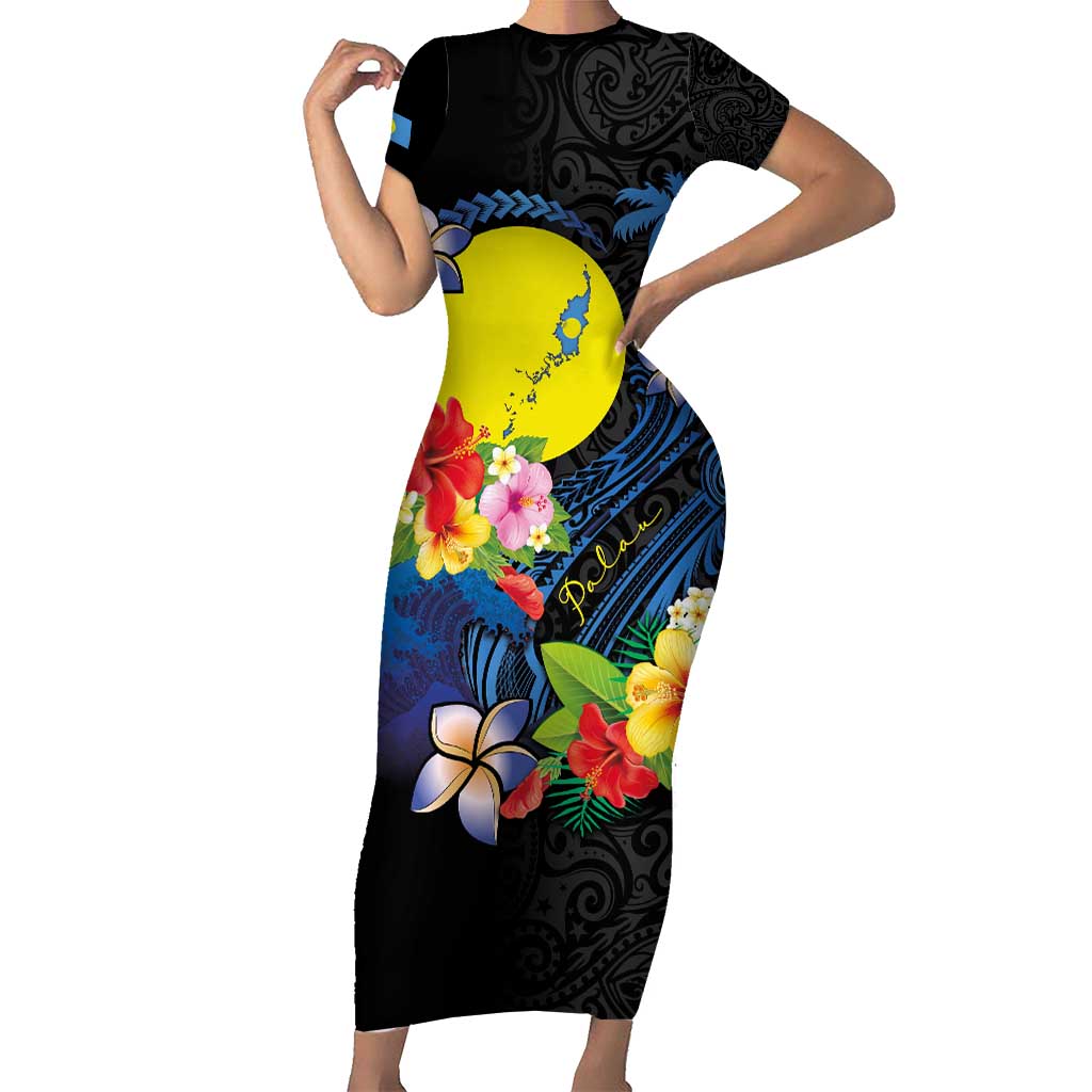 Palau Independence Day Family Matching Short Sleeve Bodycon Dress and Hawaiian Shirt Melanesian Tattoo with Hibiscus LT03 Mom's Dress - Polynesian Pride