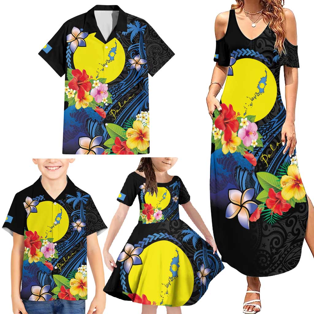 Palau Independence Day Family Matching Summer Maxi Dress and Hawaiian Shirt Melanesian Tattoo with Hibiscus LT03 - Polynesian Pride