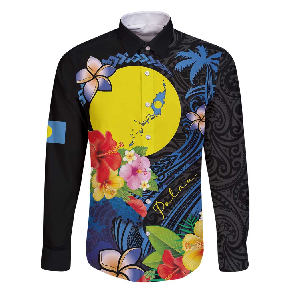 Palau Independence Day Family Matching Summer Maxi Dress and Hawaiian Shirt Melanesian Tattoo with Hibiscus LT03 Dad's Shirt - Long Sleeve - Polynesian Pride
