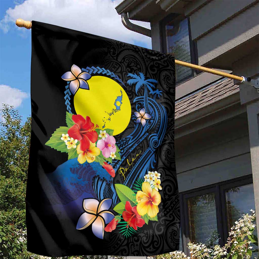 Palau Independence Day Garden Flag Melanesian Tattoo with Hibiscus LT03 - Polynesian Pride