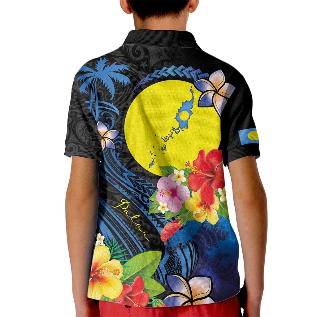 Palau Independence Day Kid Polo Shirt Melanesian Tattoo with Hibiscus LT03 - Polynesian Pride
