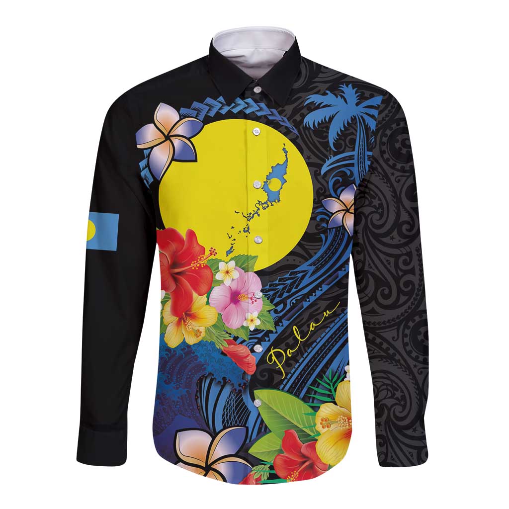 Palau Independence Day Long Sleeve Button Shirt Melanesian Tattoo with Hibiscus LT03 Unisex - Polynesian Pride