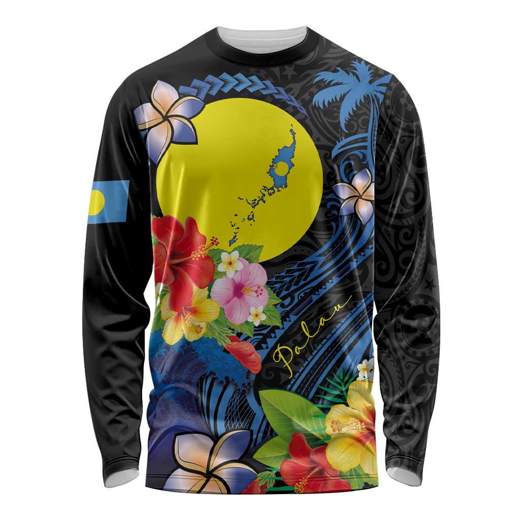 Palau Independence Day Long Sleeve Shirt Melanesian Tattoo with Hibiscus LT03 Unisex - Polynesian Pride
