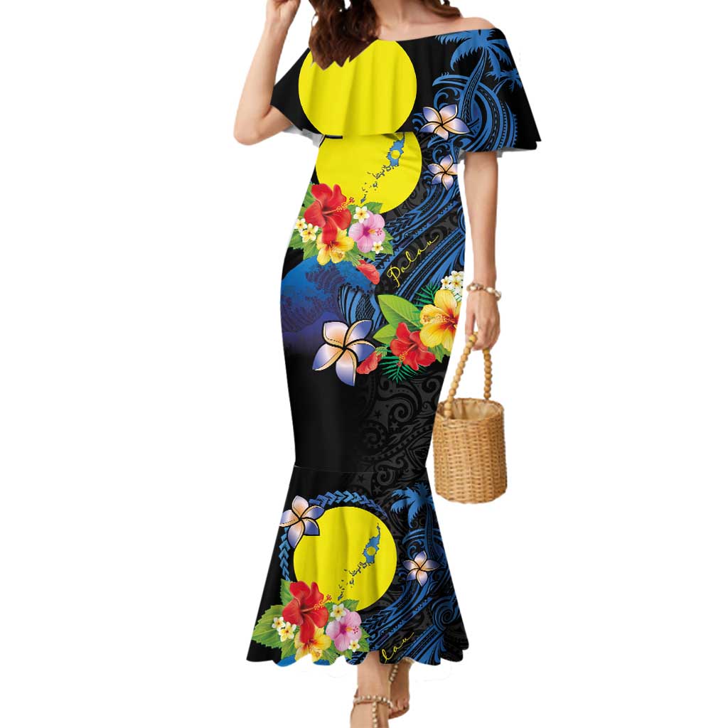 Palau Independence Day Mermaid Dress Melanesian Tattoo with Hibiscus
