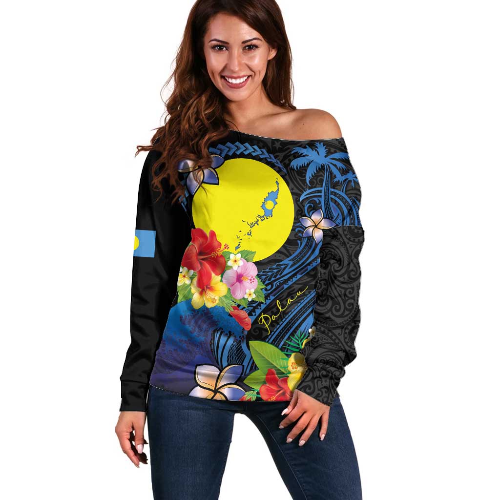 Palau Independence Day Off Shoulder Sweater Melanesian Tattoo with Hibiscus LT03 Women - Polynesian Pride