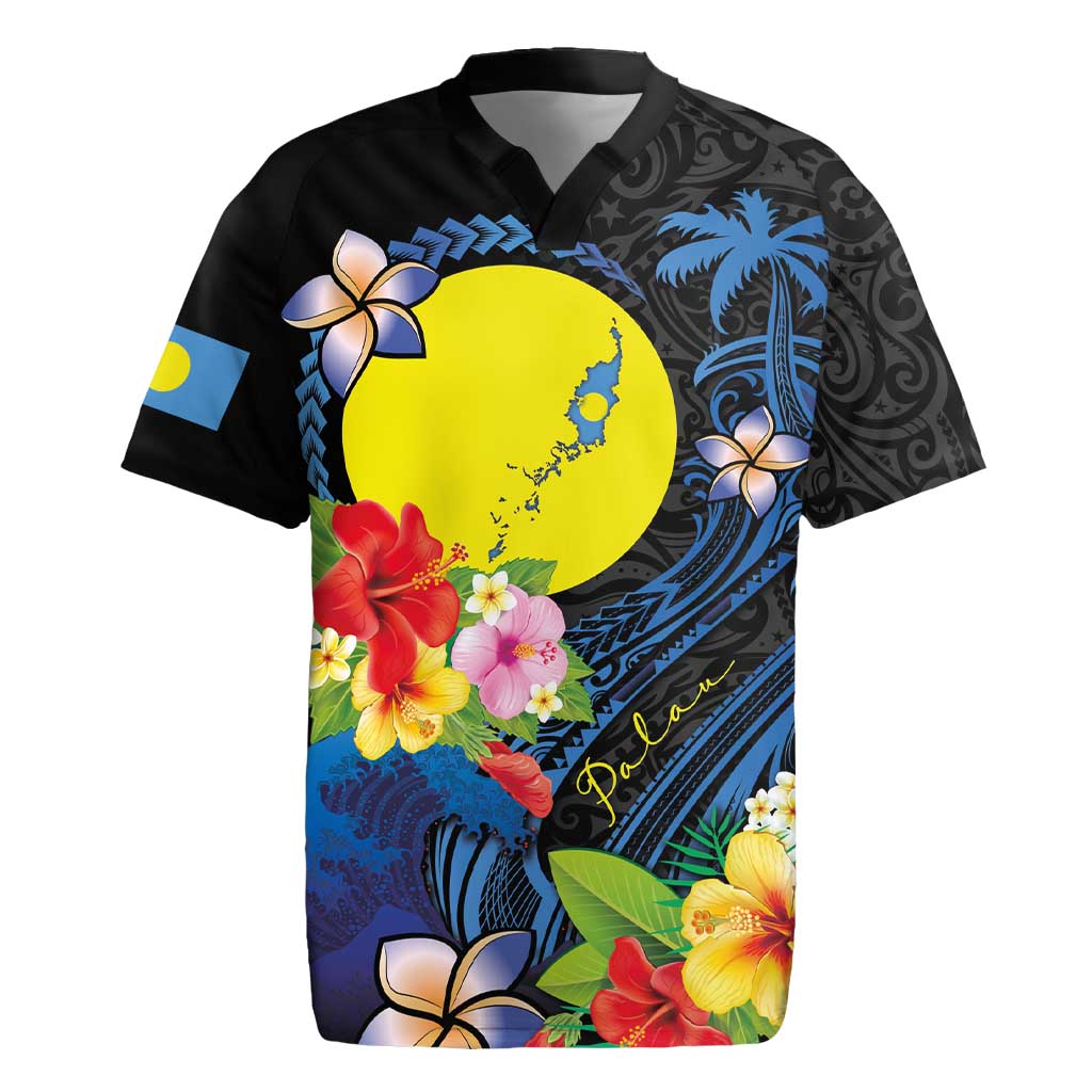 Palau Independence Day Rugby Jersey Melanesian Tattoo with Hibiscus LT03 4XL - Polynesian Pride