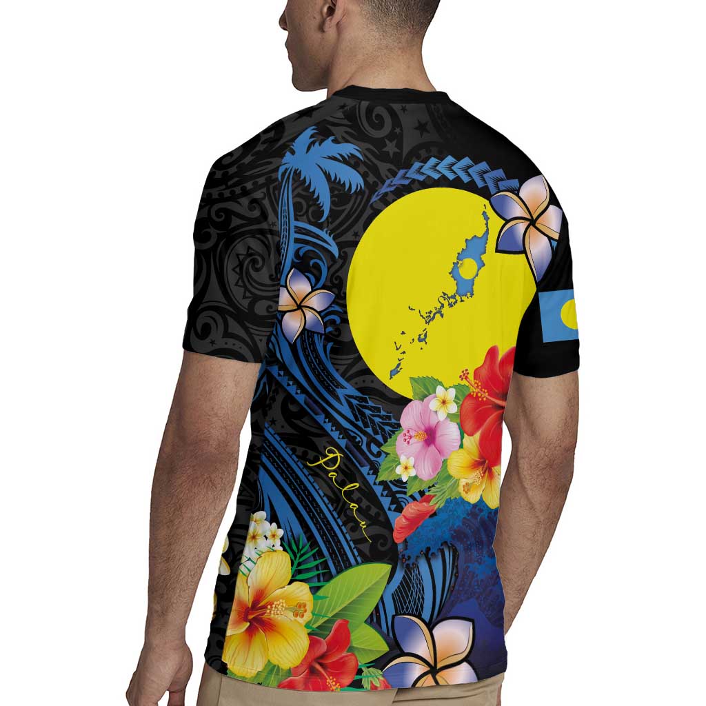 Palau Independence Day Rugby Jersey Melanesian Tattoo with Hibiscus LT03 - Polynesian Pride