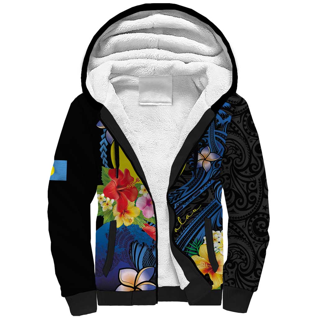 Palau Independence Day Sherpa Hoodie Melanesian Tattoo with Hibiscus LT03 Unisex - Polynesian Pride