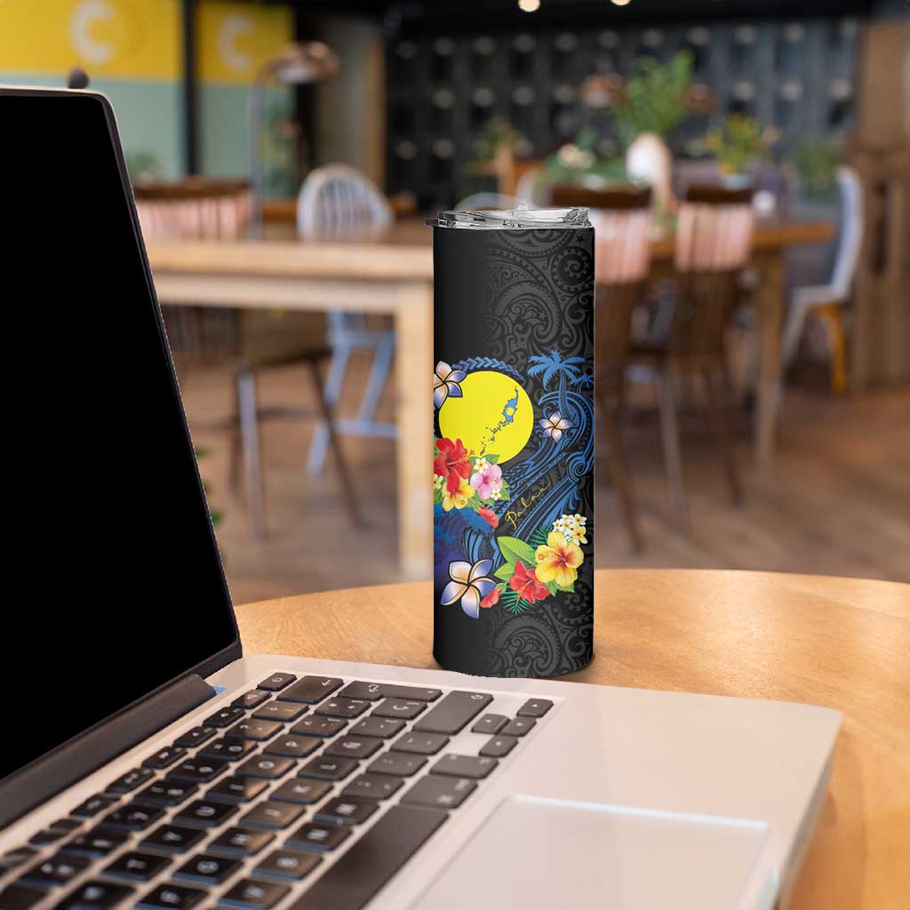 Palau Independence Day Skinny Tumbler Melanesian Tattoo with Hibiscus