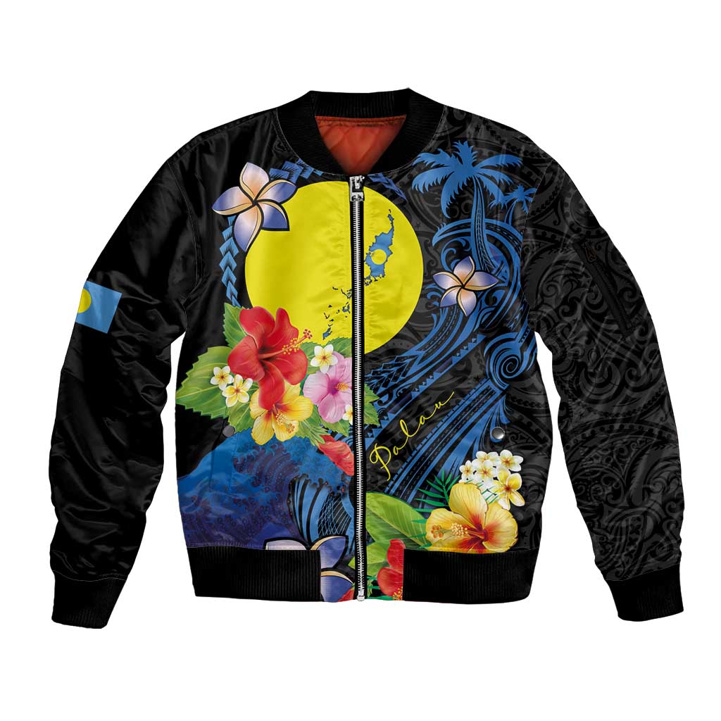 Palau Independence Day Sleeve Zip Bomber Jacket Melanesian Tattoo with Hibiscus LT03 Unisex - Polynesian Pride
