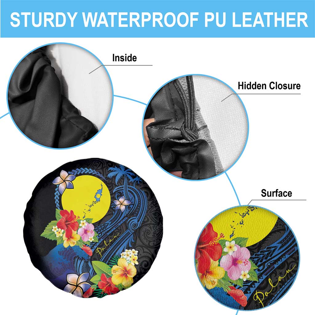 Palau Independence Day Spare Tire Cover Melanesian Tattoo with Hibiscus