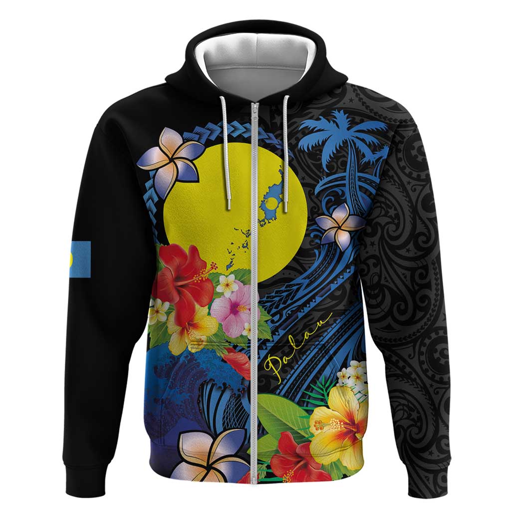 Palau Independence Day Zip Hoodie Melanesian Tattoo with Hibiscus LT03 Zip Hoodie - Polynesian Pride