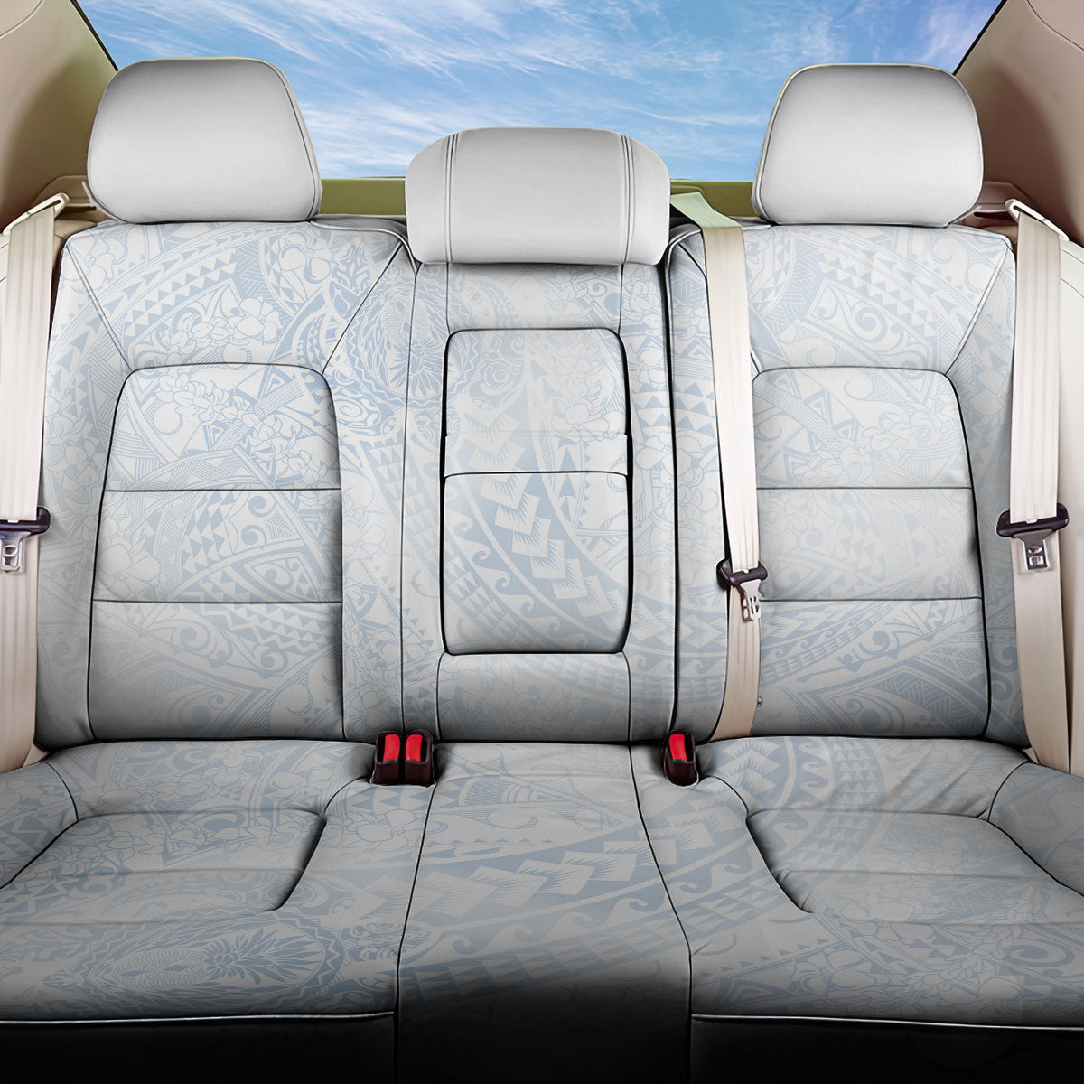 Hawaiian Turtles and Leis Back Car Seat Cover Tribal Kakau Pattern Airy White Blue Cloud Vibe