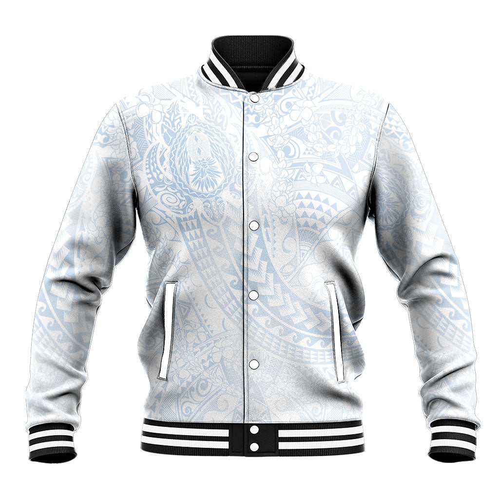 Hawaiian Turtles and Leis Baseball Jacket Tribal Kakau Pattern Airy White Blue Cloud Vibe LT03 Unisex White - Polynesian Pride