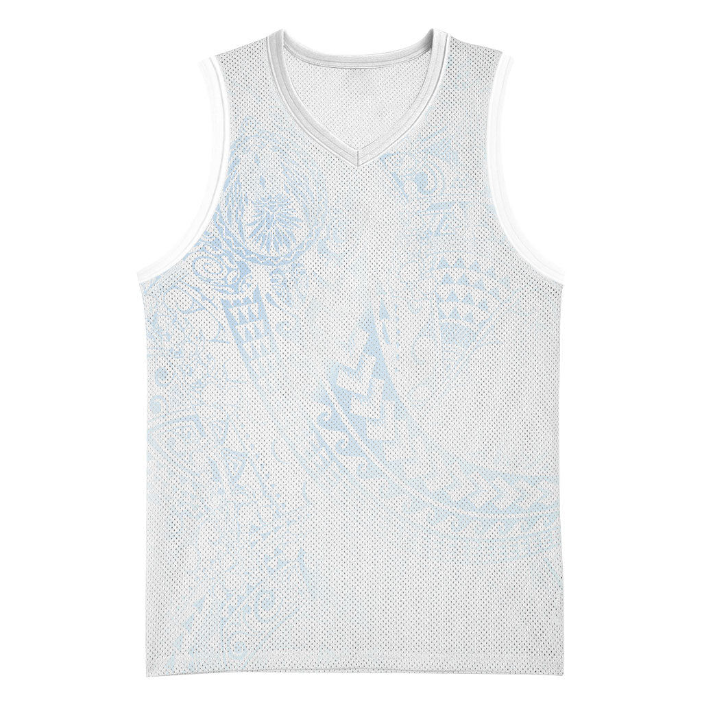 Hawaiian Turtles and Leis Basketball Jersey Tribal Kakau Pattern Airy White Blue Cloud Vibe